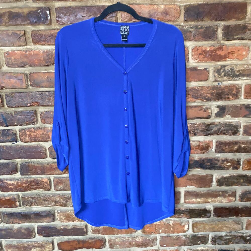 Clara Sun Woo Royal Blue Long Sleeve Button Down Tunic Top Women's Size Small